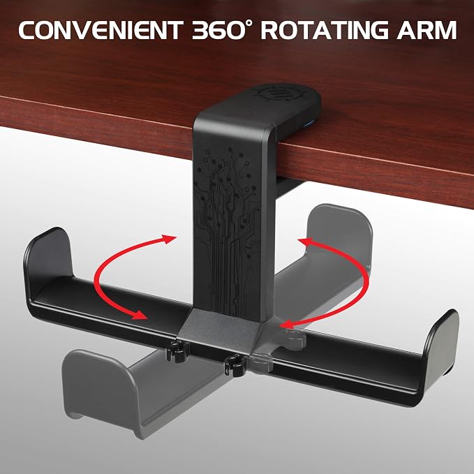 ENHANCE PC Gaming Dual Headphone Stand - Clip-On Desk Headphone Holder with Adjustable 360 Rotation, Under Desk Headset Holder, Universal Fit, & Double Cable Loops Organizer with Silicone Pads - Image 6