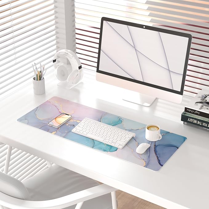 QiyI PU Leather Large Mouse Pad, 31.5" x 11.8", Blue Pink Fluid | Desk Décor Accessories, Extended Size, Waterproof & Easy to Clean, Smooth Surface, Non Slip Desk Organization - Image 2