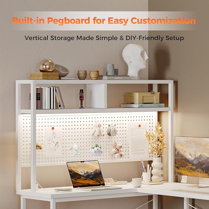 Mericonia 51 in L Shaped Desk with Pegboard, Reversible Corner Gaming Desk | Large Computer Desk with Hutch, Power Outlets, LED Light & Storage Bag, Office Table for Home Bedroom Study Work Writing - Image 3