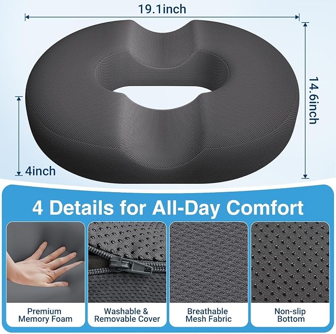 Donut Pillow Seat Cushion, Office Chair Cushion, Gray, XX-Large | Ergonomic Design, Breathable Cover, for Tailbone Pain, Hemorrhoids & Long Sitting Hours, for Home & Office - Image 5