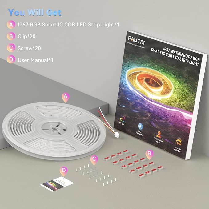 PAUTIX IP67 Waterproof RGB Smart IC COB LED Strip Light, Chasing Color RGB COB LED Lights, UL-Listed Addressable 24V Multicolor 32.8ft, for Outdoor Indoor Lighting Projects(Without Controller&Adapter) - Image 6