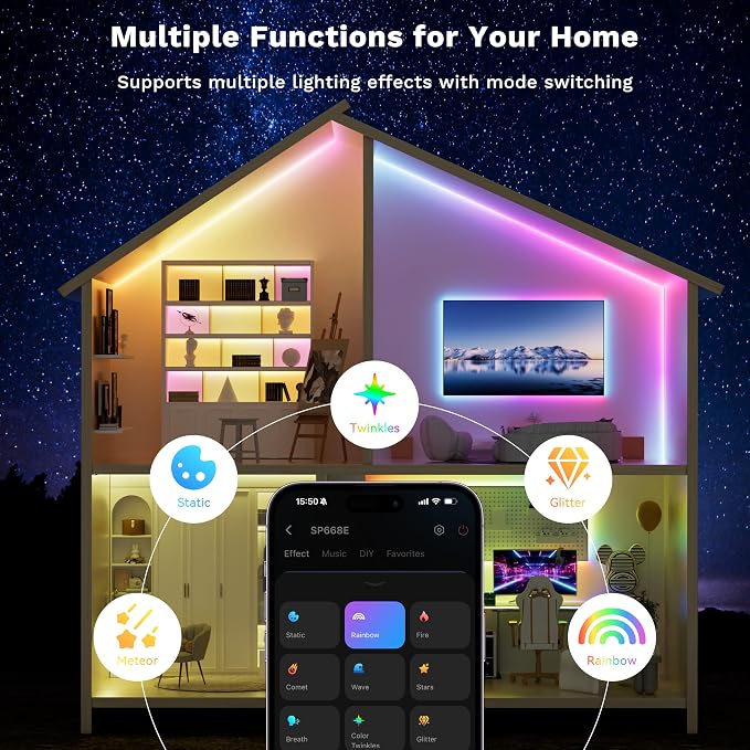 MIWISE LED Strip Lights,RGB Smart IC COB LED Strip Light Color Chasing,32.8ft Multicolor Flexible LED Tape Light,Music Sync with APP Control,Addressable DIY,for Cabinet,Bedroom,Party Decor - Image 7