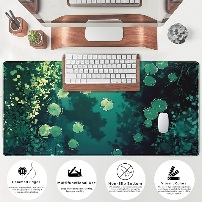 Lily Desk Mat Green Mouse Pad Large Cute Pond Desk Pad Gaming Mousepad XXL 31.5''X15.7'' Plant Aesthetic Extended Big Keyboard Mouse Mat Kawaii Gift for Office Decor - Image 7