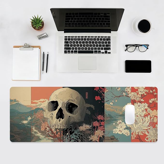 Japanese Skeleton Gaming Mouse Pad, Desk Mat, XL Extended Big Large Mousepad with Non-Slip Rubber Base, Laptop Computer Keyboard Mat Office&Home, 31.5x11.8in, Skull - Image 4