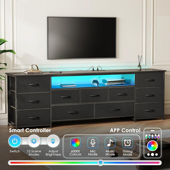 Huuger 70 Inch TV Stand for 75, 80 Inch TV, 11 Drawer Long Dresser with Power Outlets and LED Lights, Entertainment Center with Storage, Black Dresser with PU Leather Surface - Image 4