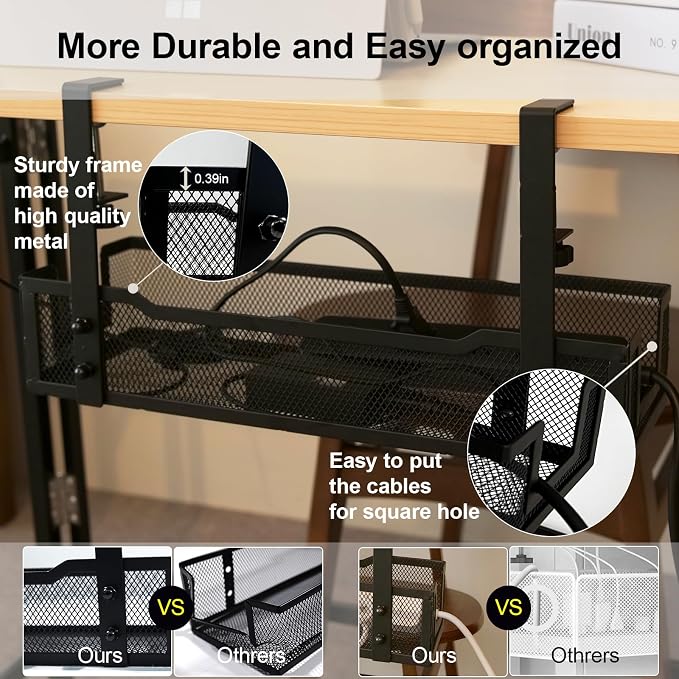 No Drill Under Desk Cable Management Tray with clamp-Premium Wire Tray Cord Organizer – Thin Steel Cable Tray Basket with Charger Holder for Desk–Black Cable Management Box–Easy to Install - Image 5