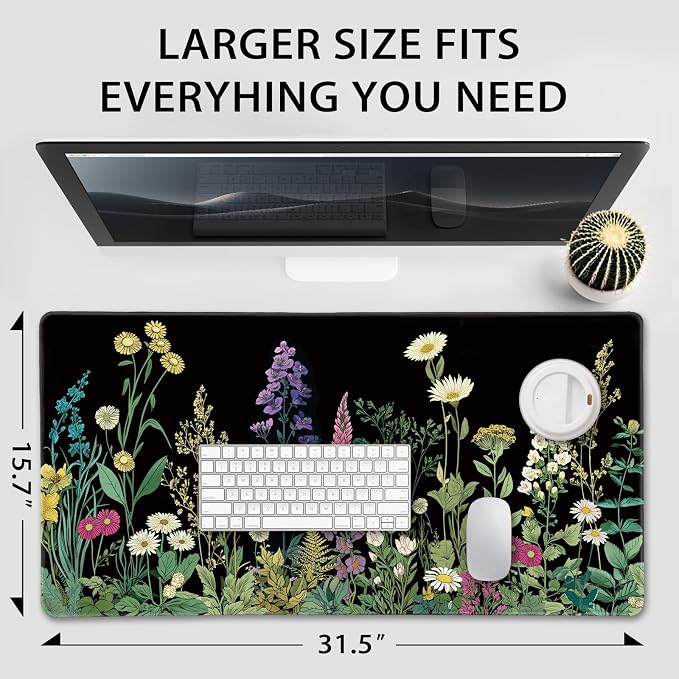 Wildflower Black Large Gaming Mouse Pad Desk Mat 31.5"x15.7" | Extended Mousepad, Non-Slip Rubber Base , Stitched Edges, for Computer/Laptop/Office/Home - Image 4