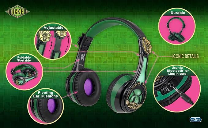 Wicked Elphaba Bluetooth Headphones for Kids, Wireless Headphones for School, Home, or Travel (Wicked Elphaba) - Image 3