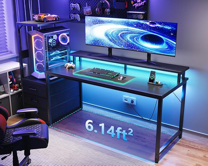 AODK Gaming Desk w/PC Showcase Stand, 59" Reversible, RGB LED, Black - Image 2