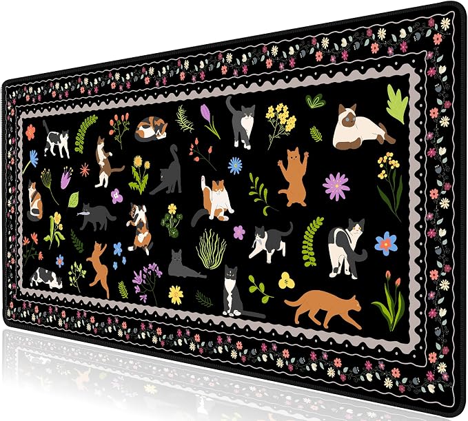 L-SPOUTTO Cute Cat Desk Mat for Keyboard and Mouse,Black XXL Mouse Pad | Large Non-Slip Keyboard Pad Waterproof Desktop Mat for Laptop Computer Work Game Home Office,Cats Black by L-SPOUTTO
