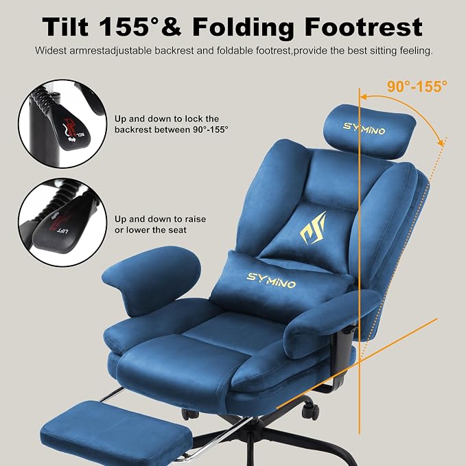 Symino Gaming Chair with Footrest, 2D Armrests Up/Down & Left/Right, Suede Fabric Ergonomic Office Chair, 150° Recline Computer Chair for Desk, Blue - Image 6