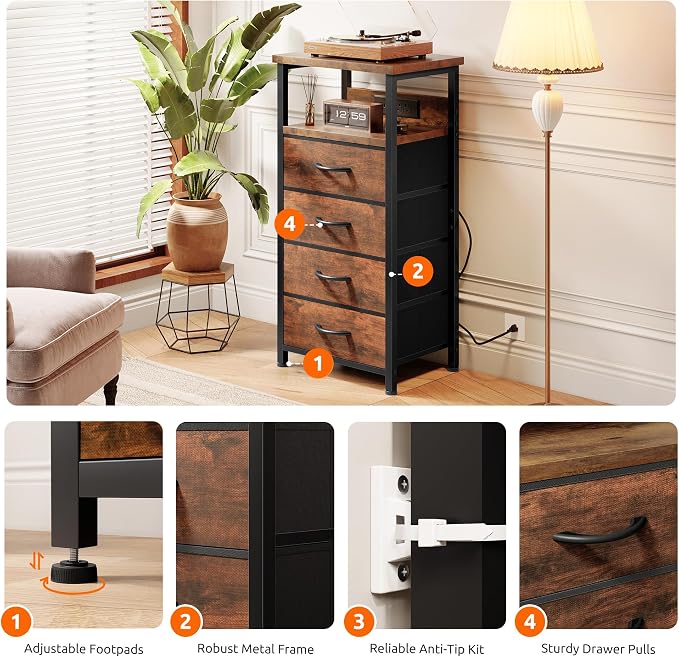 Lazzanto Night Stand with Charger Station, 4 Fabric Drawers, Brown - Image 6