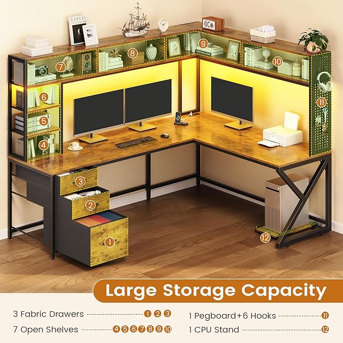 SEDETA L Shaped Computer Desk with Hutch, 3 Drawers, Shelves | Convertible 94.5" Home Office Desk with File Drawer, Power Outlet, LED Lights, Storage and Pegboard, Brown - Image 5