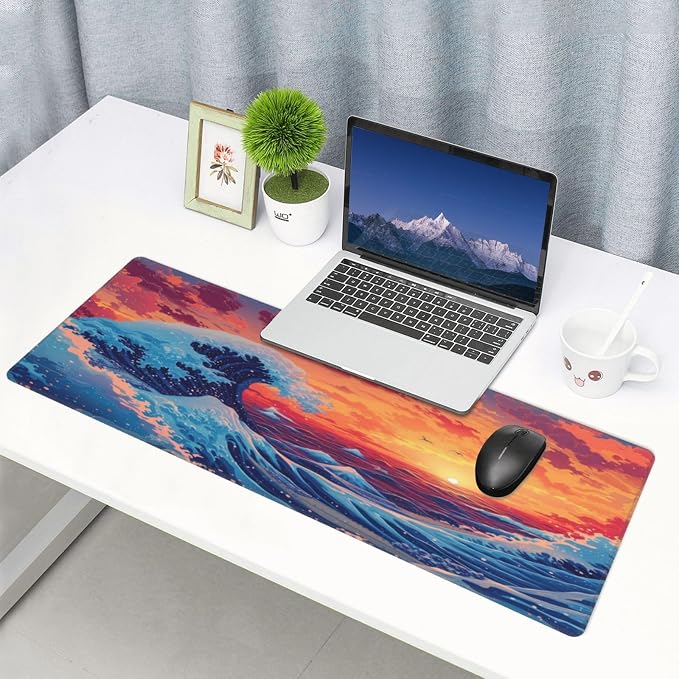 Gaming Mouse Pad Desk Pad,Extended Big Mouse Pad,31.5x11.8 Inch Long Computer Keyboard Mouse Mat Mousepad with 3mm Non-Slip Base and Stitched Edge for Gaming and Office… (Sunset Wave) - Image 7