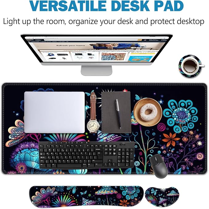 AIMSA Large Gaming Mouse Pad Set, Keyboard Wrist Rest Support+ Extended Mousepad+ Mouse Wrist Cushion+Coaster, Ergonomic Multifunctional Desk Mat 35x15.7in, Colorful Abstract Mushrooms - Image 6