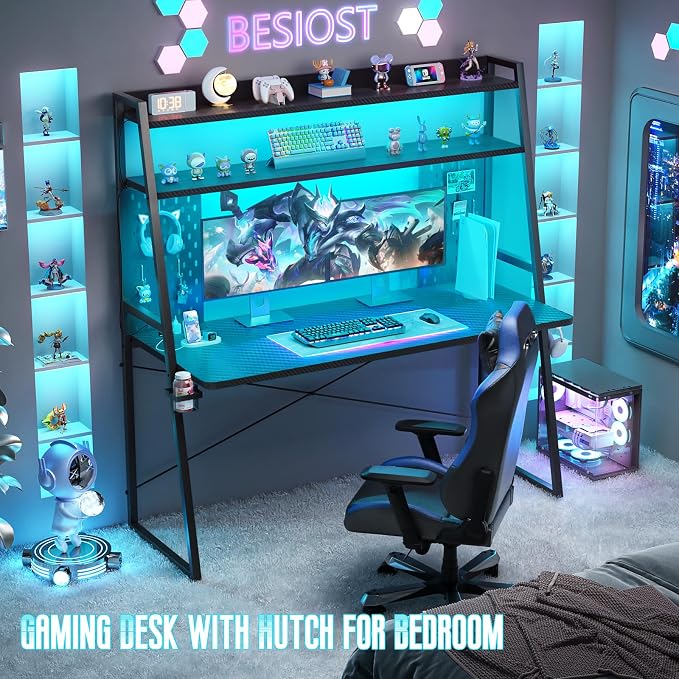 Besiost Gaming Desk with Hutch and LED Lights, Gaming Computer Desk with Power Outlets, Gamer Desk with Storage Shelves, PC Game Desks with Pegboards, for Bedroom, Carbon Fiber Black, 49" - Image 3