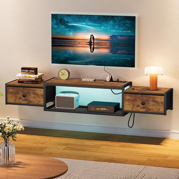 Snughome 63" Floating TV Stand with Power Outlets, Wall Mounted Entertainment Center with LED Lights, Floating TV Shelf with Drawer, Media Console Shelf for Living Room,for Under TV Storage, Bedroom - Image 3