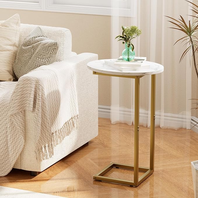 C Shaped End Table, Oval Couch Side Tables for Living Room, Sofa End Table with Metal Frame, Small Wooden Snack Table for Bedroom, Small Spaces, Easy Assembly, Gold - Image 7