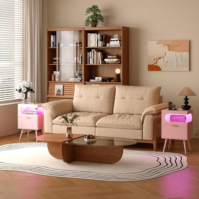 Veegle Nightstand,Modern Bedside Table with Storage Drawer and Open Wood Shelf, Accent Night Stand with Solid Wood Legs for Living Room, Bedroom and Small Spaces,Easy Assembly (Pink-1) - Image 4