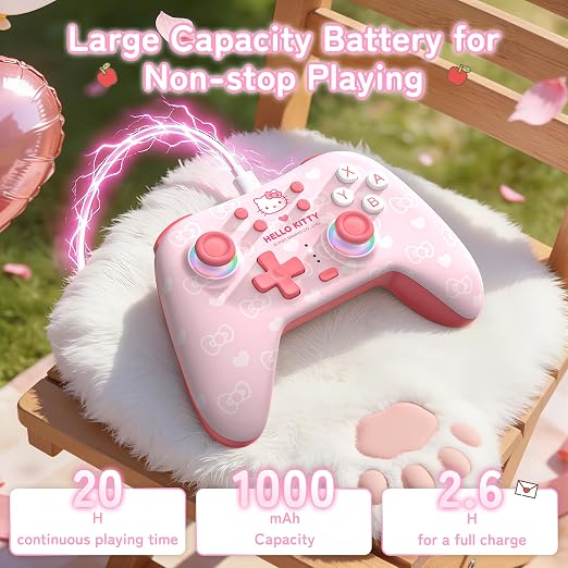 Kuitmor Hello Kitty Switch Pro Controller, Cute Hall Effect Wireless Gamepad No Drift for Switch 2/Switch/OLED/Lite, PC/Steam, Android, iOS, Bluetooth + Wired, Turbo, Back Buttons, 6-Aixs Gyro, Wake-up, RGB (Pink, With 2.4g Receiver) - Image 9