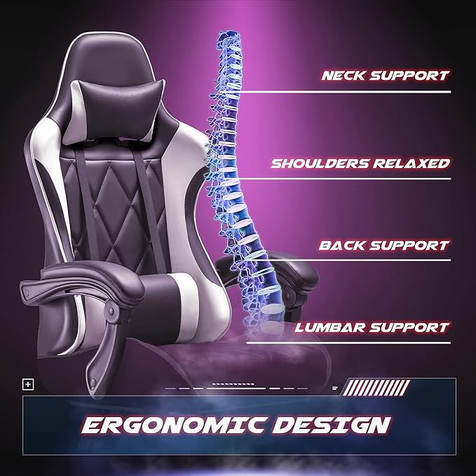Homall Gaming Chair, Computer Chair with Footrest and Massage Lumbar Support, Ergonomic High Back Video Game Chair with Swivel Seat and Headrest (White) - Image 4