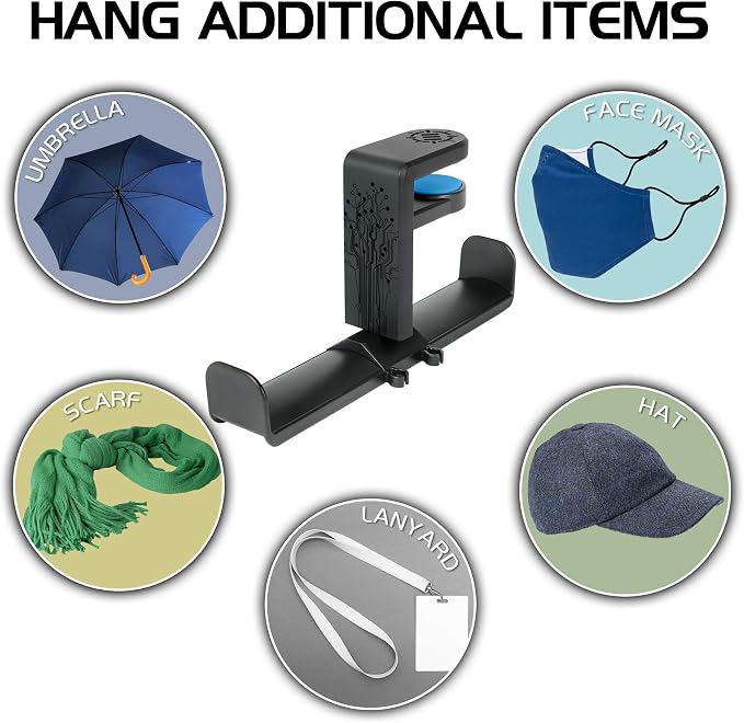 ENHANCE PC Gaming Dual Headphone Stand - Clip-On Desk Headphone Holder with Adjustable 360 Rotation, Under Desk Headset Holder, Universal Fit, & Double Cable Loops Organizer with Silicone Pads - Image 8