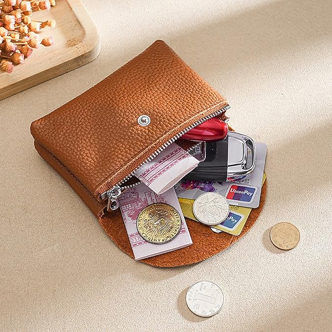Genuine Leather Mini Change Wallet, Multifunction Zipper Pocket Key Credit Card Headset Lipstick Organizer (Brown) - Image 5