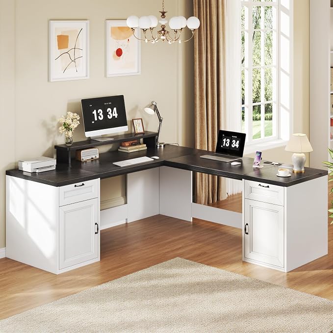 HUAHUU 78" Farmhouse L Shaped Executive Desk with Drawers, Modern Computer Desk with Power Outlets, Office Writing Desk with Monitor Stand & Storage Cabinet, Printer Shelf, Antique White by HUAHUU