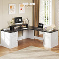 HUAHUU 78" Farmhouse L Shaped Executive Desk with Drawers, Modern Computer Desk with Power Outlets, Office Writing Desk with Monitor Stand & Storage Cabinet, Printer Shelf, Antique White by HUAHUU