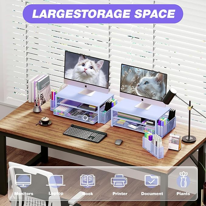 OPNICE Desk Organizers and Accessories, Computer Monitor Stand Riser with Drawer and 2 Pen Holders, Printer & Laptop Stand, Office Desk Accessories & Workspace Organizers for Home Office Supplies, Blue - Image 4