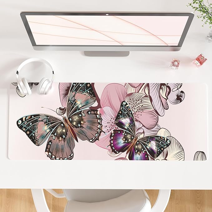 QiyI PU Leather Large Mouse Pad, Office Decor, 31.5" x 11.8", Butterflies | Desk Décor Accessories, Extended Size, Waterproof & Easy to Clean, Smooth Surface, Non Slip Desk Organization by QIYI