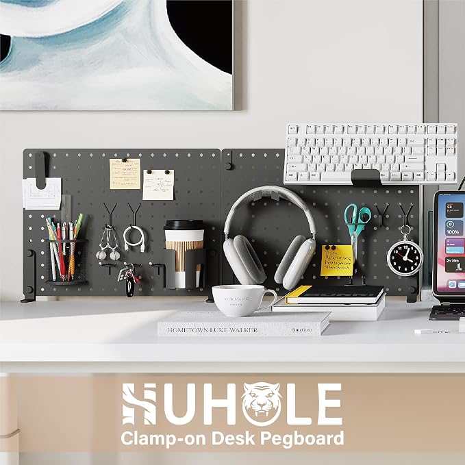 HUHOLE 32 x 12 Inch Clamp On Desk Pegboard Complete Kit | No Drill Metal Privacy Panel and Organizer with Accessories for Home Office, Gaming Setup, Cables and Supplies - Image 5