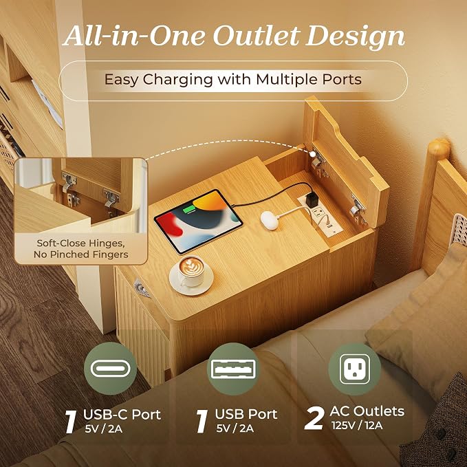 Huuger Narrow Nightstand with Charging Station, USB-C Port - Image 4
