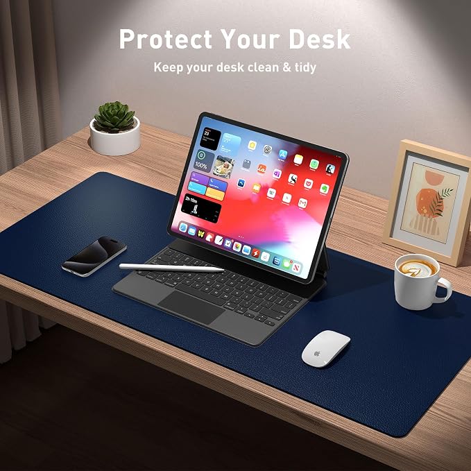 Aothia Leather Desk Pad Protector, Mouse Pad,Office Desk Mat, Non-Slip PU Leather Desk Blotter, Laptop Desk Pad, Waterproof Desk Writing Pad for Office and Home (Dark Blue,36" x 17") (Pack of 2) - Image 3