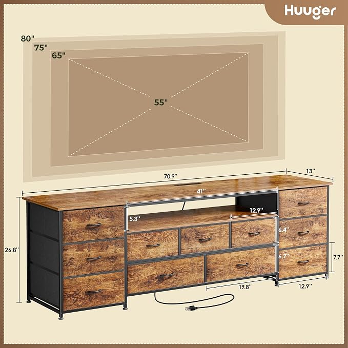 Huuger 70 Inch TV Stand for 75, 80 Inch TV, 11 Drawer Long Dresser with Power Outlets and LED Lights, Entertainment Center with Storage, Rustic Brown Dresser with Printed Surface - Image 3