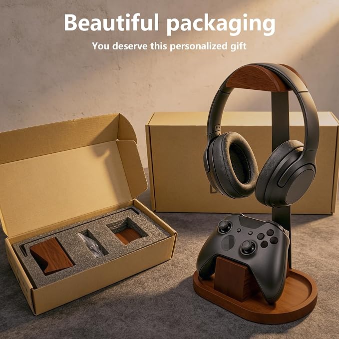 Wooden Headphone Stand for Desk,Controller Stand for Desk with Storage Base | Controller and Headset Stand,Headset Holder with Gaming Controller Holder (Walnut) - Image 9