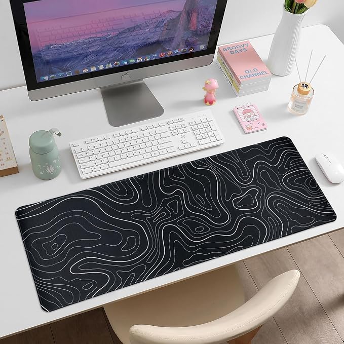 Gaming Mouse Pad Large 31.5 x 11.8in Topographic Keyboard Mousepad for Non-Slip Base and Stitched Edge, Extended Desk Pad XL Desk Mat (Black) - Image 2