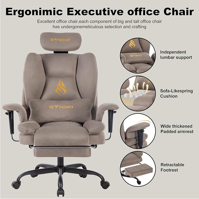 Symino Gaming Chair with Foot Rest, Unique Up/Down Armrests, Twill Fabric Ergonomic High Back Chair, 150° Recline Solid Color Computer Desk Chair, Light Coffee - Image 4