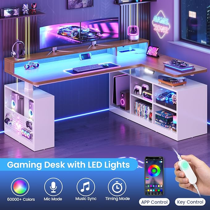 SEDETA L Shaped Electric Standing Desk, 63 inch Gaming Computer Desk with Storage Shelves and LED Lights, Height Adjustable Office Desk with Power Outlet and Pegboard, Brown Desktop - Image 7