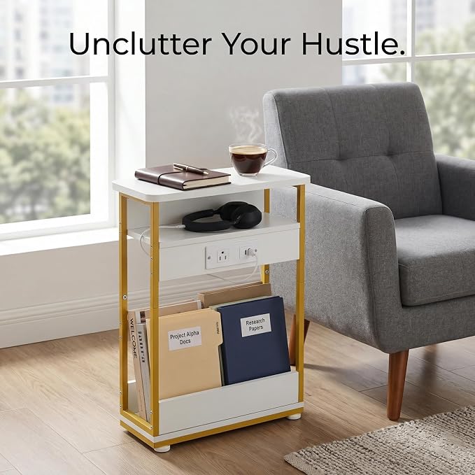 YEAKOO Narrow Side Table with Charging Station, 3-Tier End Table with 2 USB Ports & Power Outlets, Thin Sofa Side Table for Small Spaces, Bedside Table Nightstand for Living Room, White+Gold - Image 6