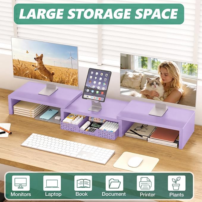 OPNICE Dual Computer Monitor Stand Riser, Desk Organizer with Drawer, Office Desk Accessories & Workspace Organizers for Home Office Supplies, Purple - Image 3