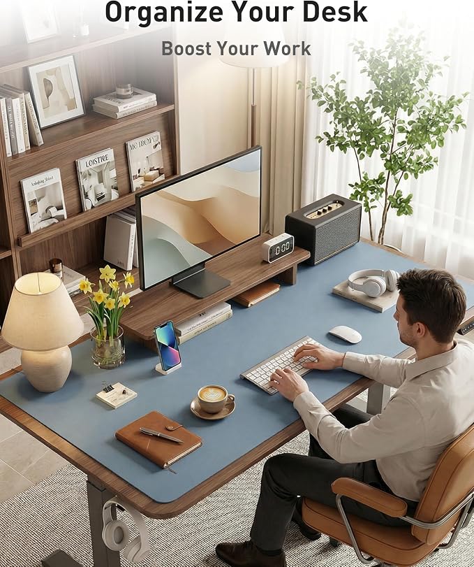 Aothia Faux Leather Desk Mat - Large Mouse Pad, Non-Slip PU Leather Blotter, Waterproof Writing Surface for Office and Home (Denim Blue, 40" x 24") - Image 3