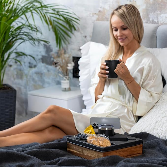 Silicone Couch Cup Holder Tray – Handy Silicone Acacia Couch Caddy with Cup Holder & Phone Stand – Waterproof Anti-Spill Snack & Bed Caddy Organizer Sofa Tray for Drinks, Snacks, & Remotes (Black) - Image 7