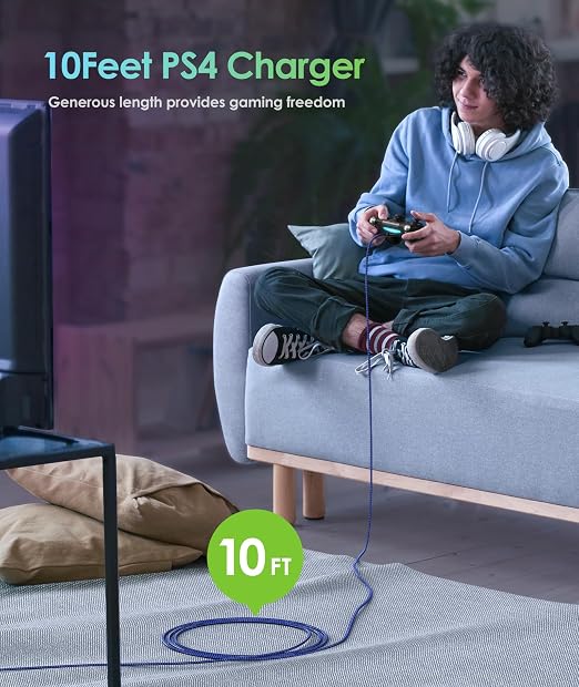 6amLifestyle PS4 Charger Cable, 10ft 2 Pack Micro USB Cable, Nylon Braided Cord, for PS4 Slim/Pro, Xbox One S/X Controller, Micro Ports Accessories Kit, Blue - Image 2