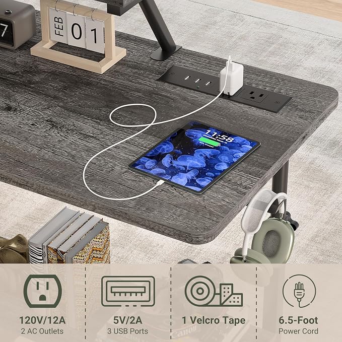 Height Adjustable Standing Desk with Power Outlets and LED Lights - 32" Manual Stand Up Desk with Monitor Stand and Storage Shelves Small Mobile Rolling Computer Desk Portable Laptop Table, Grey Oak - Image 8