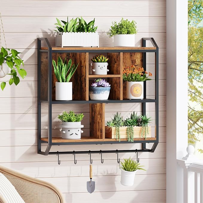 HOOBRO Gaming Floating Shelf with LED Lights, 28.7" LED Wall Mounted Shelf, 3-Tier Display Rack for Wall Storage, Floating Rack with Hanging Rod and 6 S-Hooks, Rustic Brown and Black BF70DBJ01 - Image 5