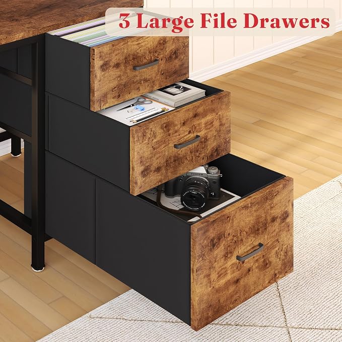 Corner L-Shaped Desk with 3 Storage Drawers, Computer Desk with Power Outlet & Pegboard, Gaming Table with Shelves and LED, Monitor Shelf and Side Storage Bag for Study Room, Rustic Brown - Image 3