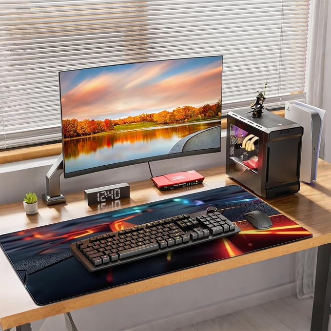 Large Gaming Mouse Pad, Abstract Geometric Orange and Blue Pattern, Extended 35.4 x 15.7 Inches, Non-Slip Rubber Base, Stitched Edges, XXL Desk Mat - Image 7