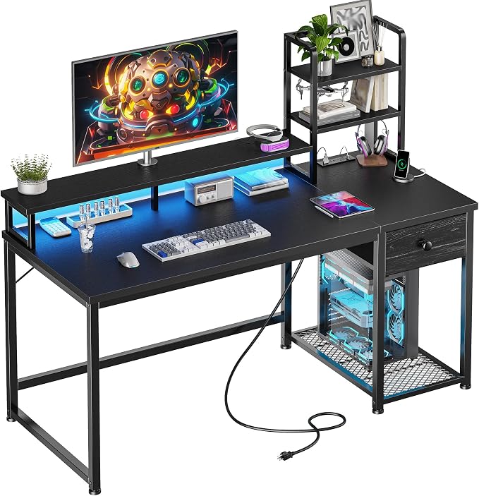EnHomee 44" Gaming Desk with Hutch and Drawers,Black by EnHomee