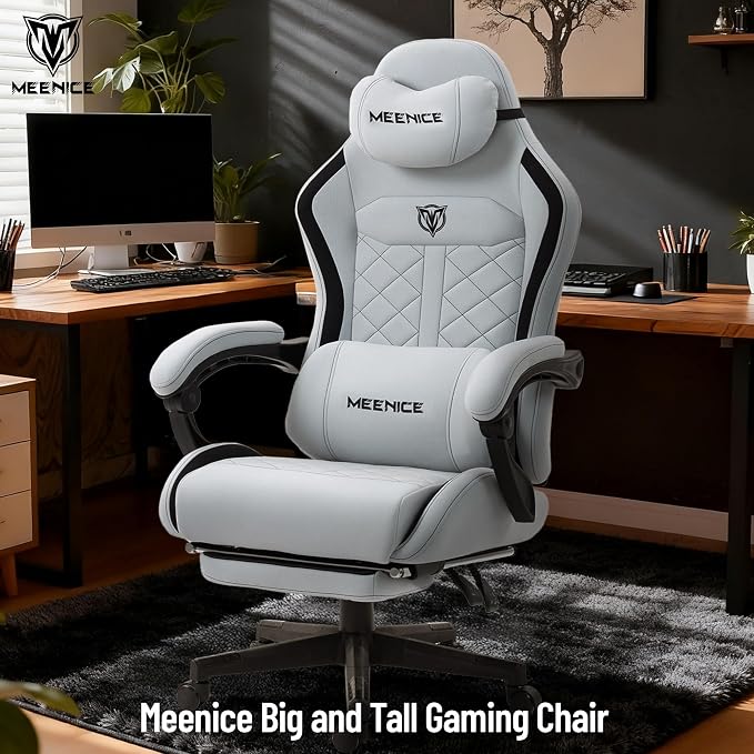 Big and Tall Gaming Chair Fabric with Footrest, Massage Lumbar for Adults | Ergonomic High Back Gamer Chair with Pocket Spring Cusion, Wide Video Game Chair Comfy for Big Guys 400LBS Home Office Gray - Image 3